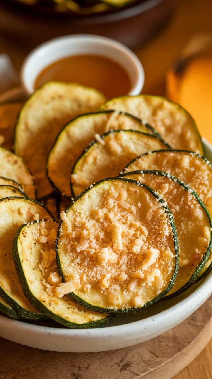 A plate of crispy baked zucchini chips topped with Parmesan cheese.