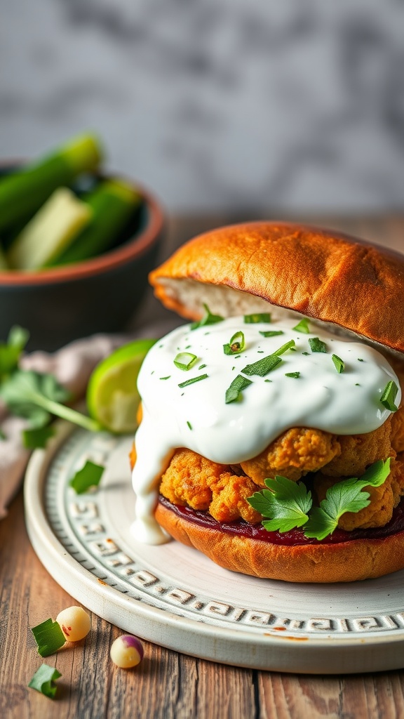 A crispy chickpea burger with toppings on a plate.