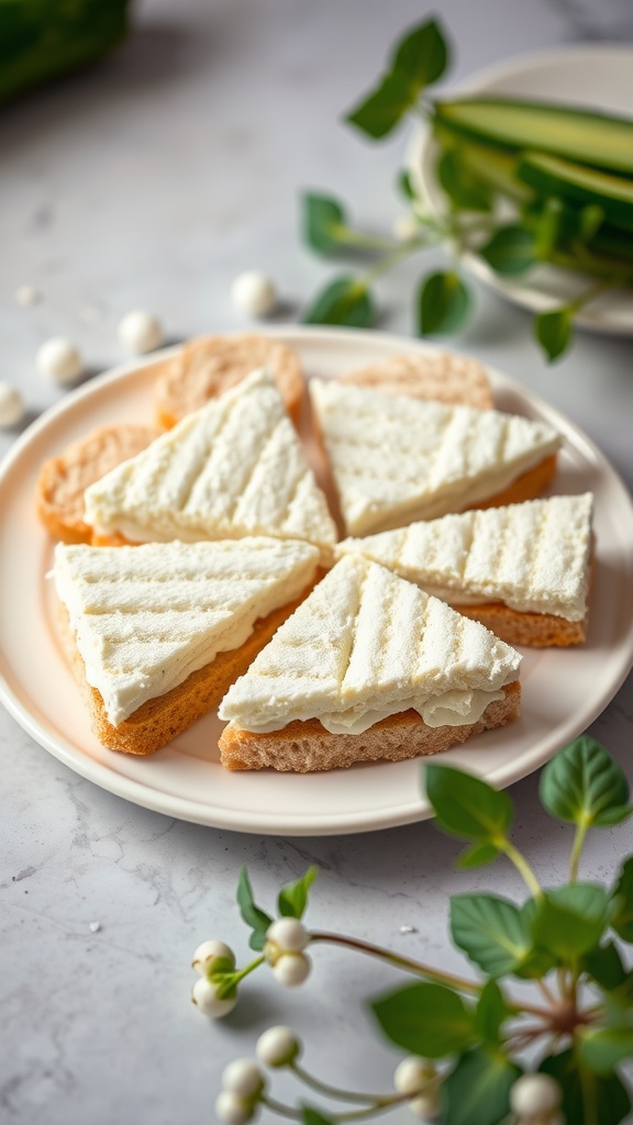 Cucumber and cream cheese sandwiches on a plate