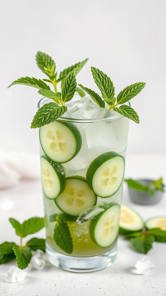 A refreshing glass of Cucumber Mint Cooler with cucumber slices and mint leaves.