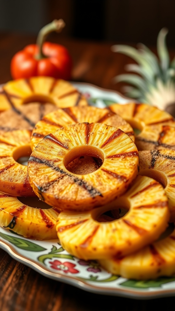 Grilled pineapple slices with a caramelized surface, garnished with mint leaves