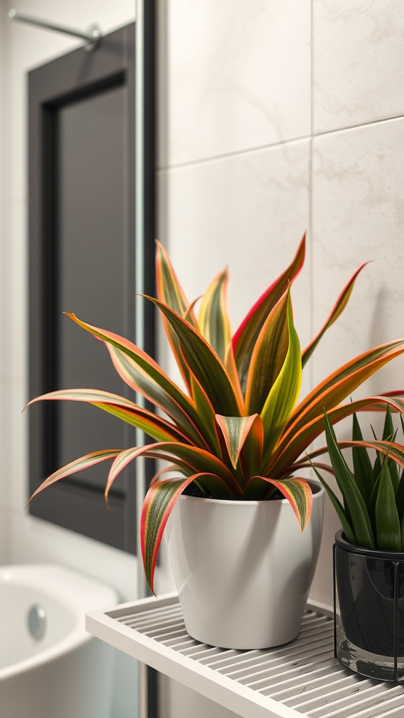 A vibrant Dracaena plant with colorful foliage in a modern bathroom setting.