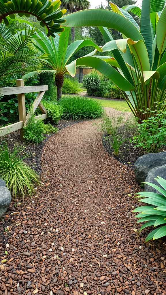 A winding outdoor pathway made of mulch, surrounded by lush greenery and tropical plants.