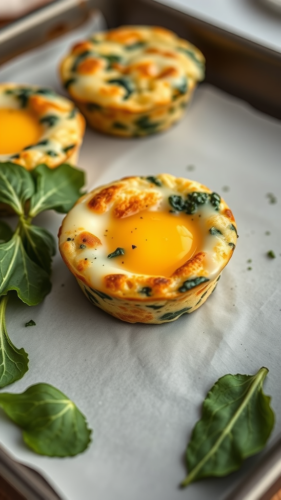 Egg and spinach breakfast muffins on a baking tray with fresh spinach leaves