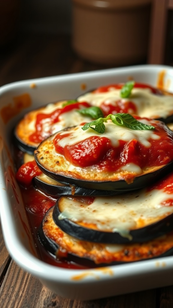 A dish of baked eggplant parmesan layered with marinara sauce and melted cheese.