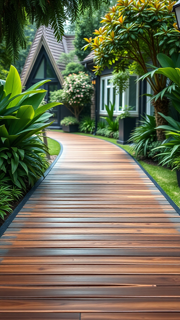 A wooden pathway winding through lush greenery, leading to a cozy home.