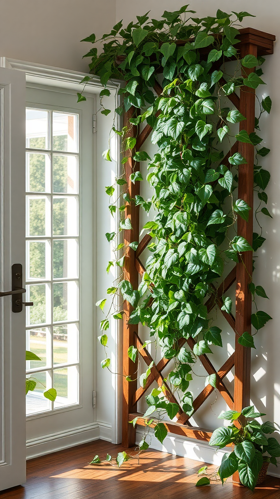 A vibrant English Ivy plant climbing a wooden trellis by a window, showcasing its lush green leaves.