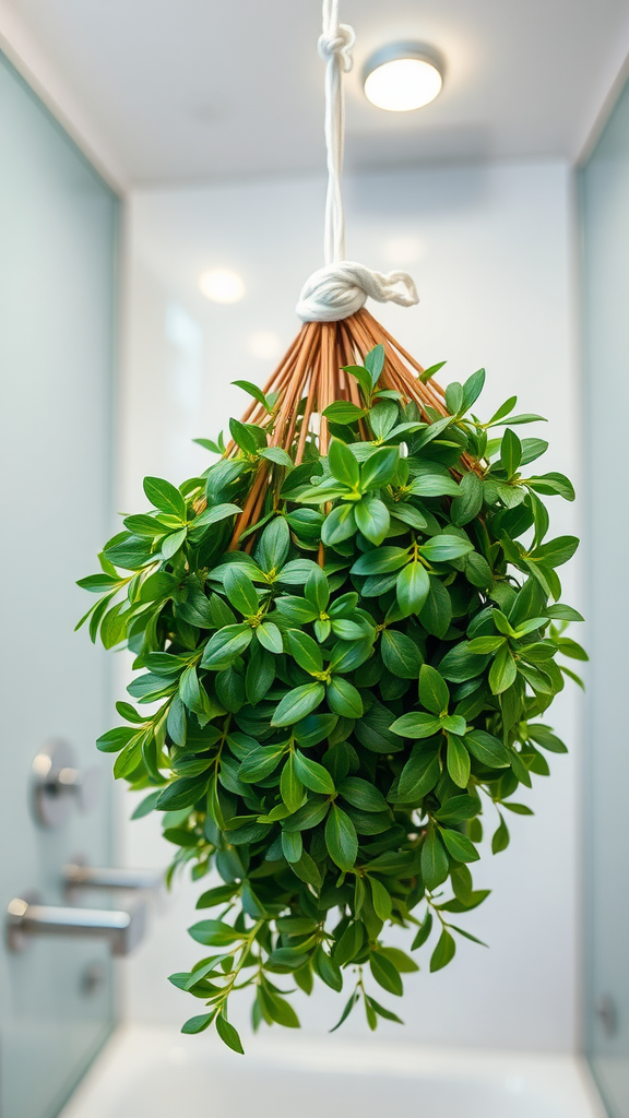 Hanging eucalyptus plant in a bathroom setting