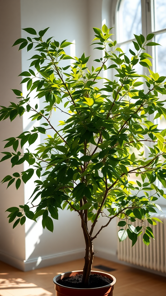 A healthy Ficus Benjamina tree with lush green leaves in a bright indoor setting