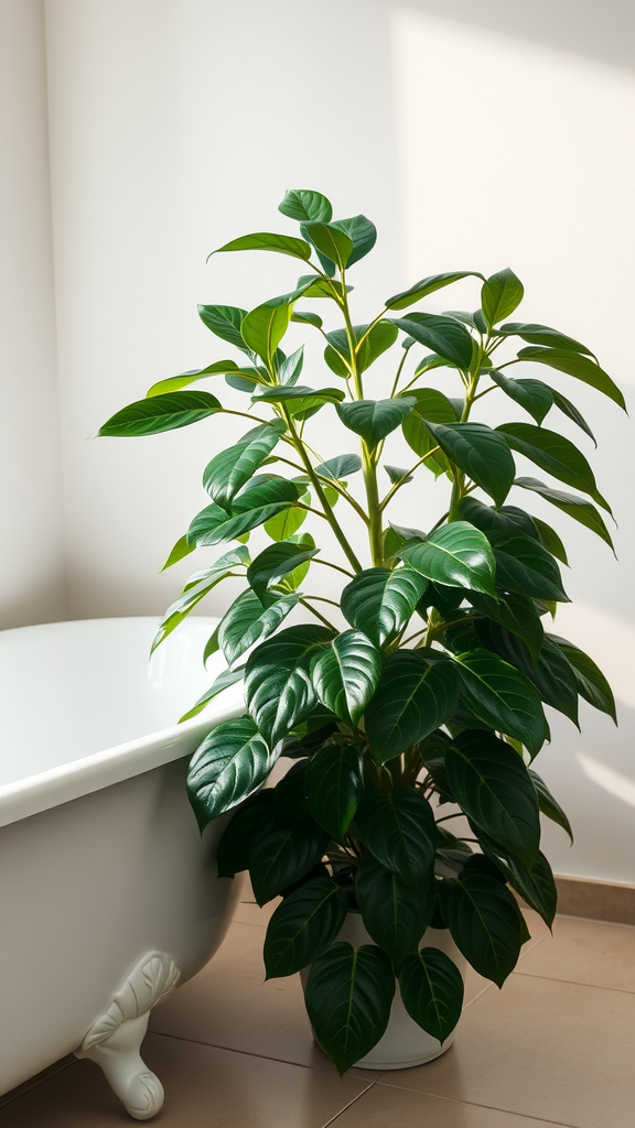 A Ficus Elastica plant with glossy leaves positioned next to a white bathtub in a bathroom setting.