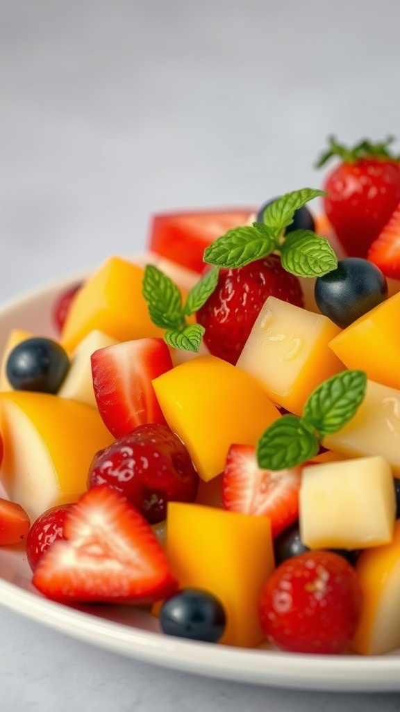 A colorful fruit salad topped with mint leaves, featuring strawberries, blueberries, mango, pineapple, and melon.