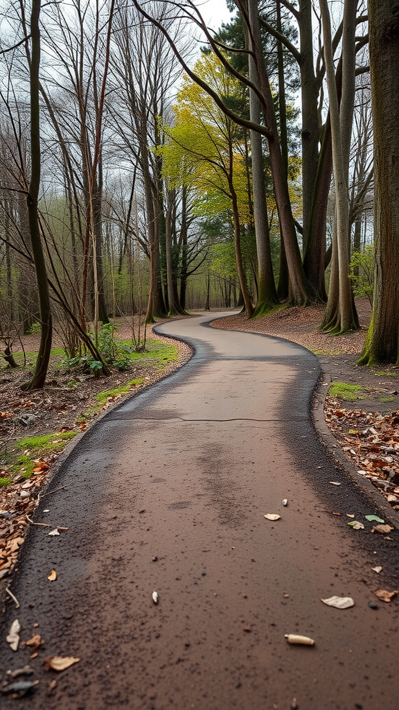 A winding rubberized trail in a wooded area, surrounded by trees with early spring foliage.