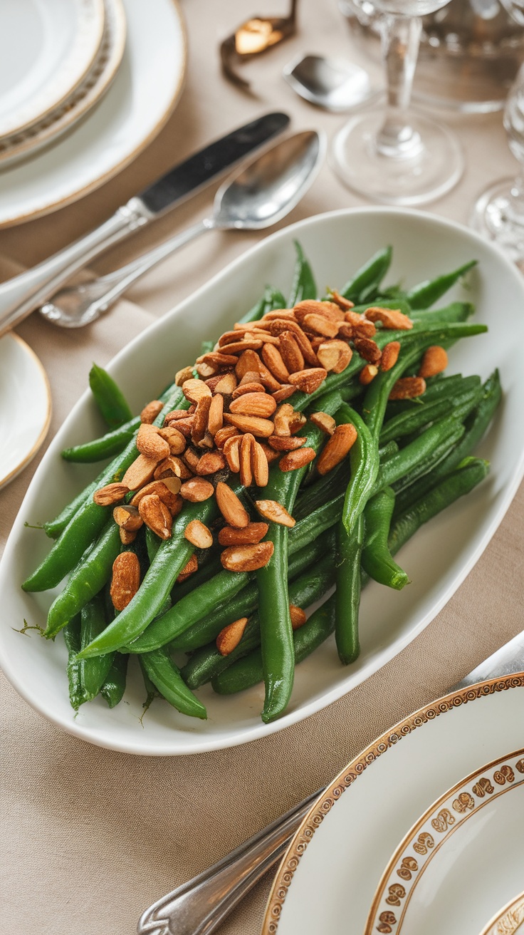 Garlicky green beans topped with toasted almonds on a serving platter.