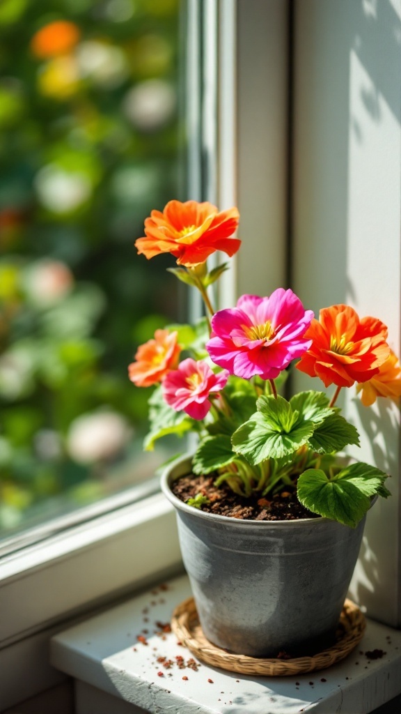 A potted geranium with bright orange and pink flowers on a windowsill