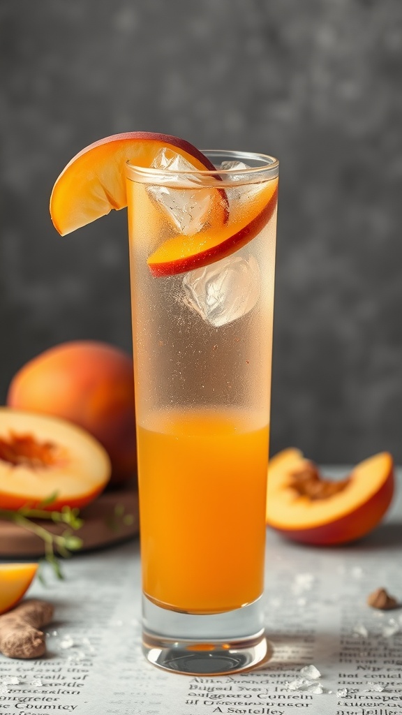 A refreshing ginger peach sparkler drink served in a tall glass with ice and peach slices.