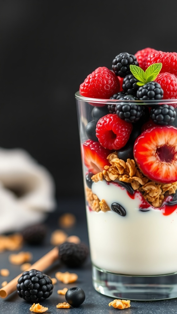 A delicious Greek yogurt parfait layered with fresh berries and granola.