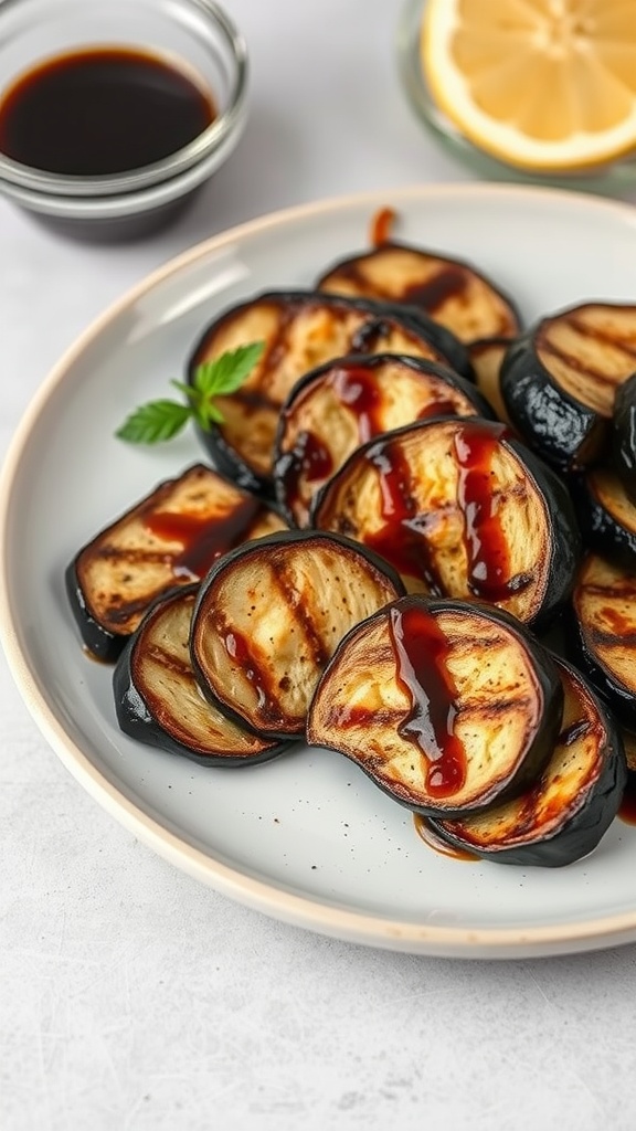 Grilled eggplant slices drizzled with balsamic glaze on a plate, garnished with fresh basil.