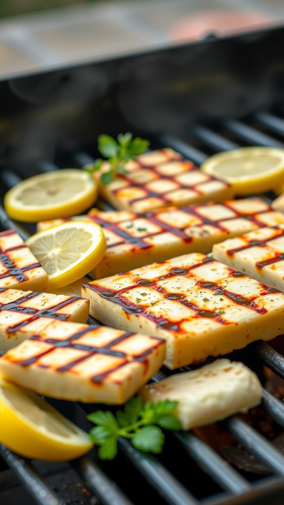 Grilled halloumi cheese slices with lemon wedges