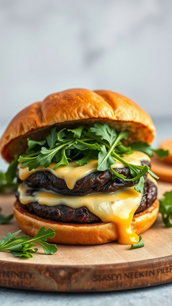 A delicious grilled Portobello mushroom burger topped with cheese and fresh arugula on a wooden platter.