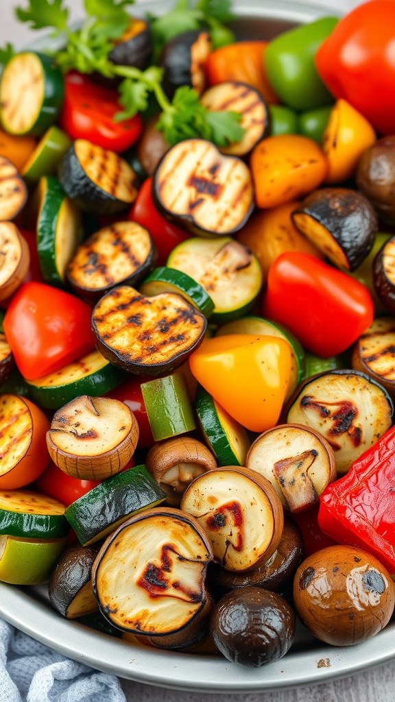 A colorful medley of grilled vegetables including zucchini, bell peppers, and mushrooms.