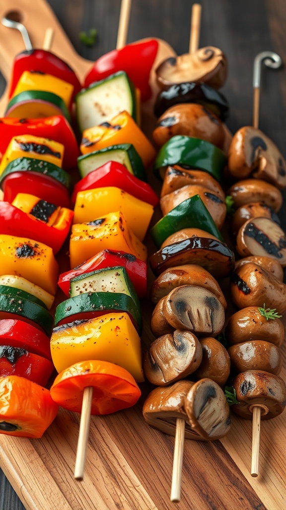 Grilled vegetable skewers with colorful peppers, zucchini, and mushrooms on wooden skewers.