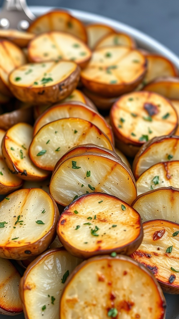 A plate of herbed grilled potatoes garnished with fresh herbs.