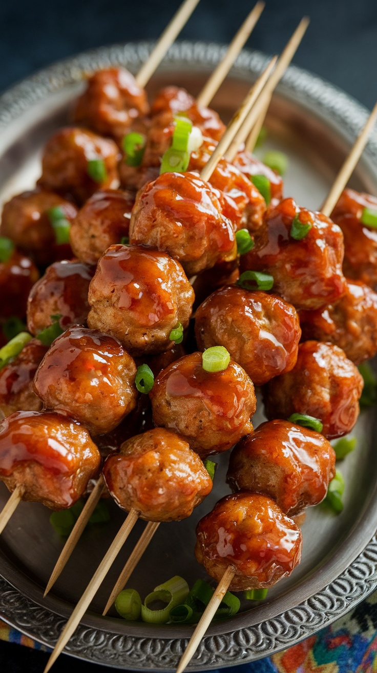Delicious honey garlic meatballs on skewers, garnished with green onions.