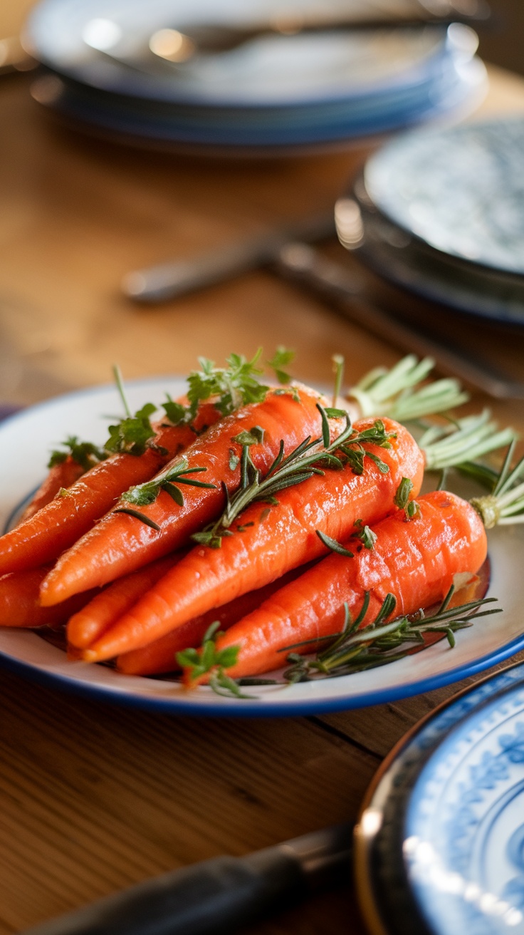 A plate of honey glazed carrots garnished with herbs