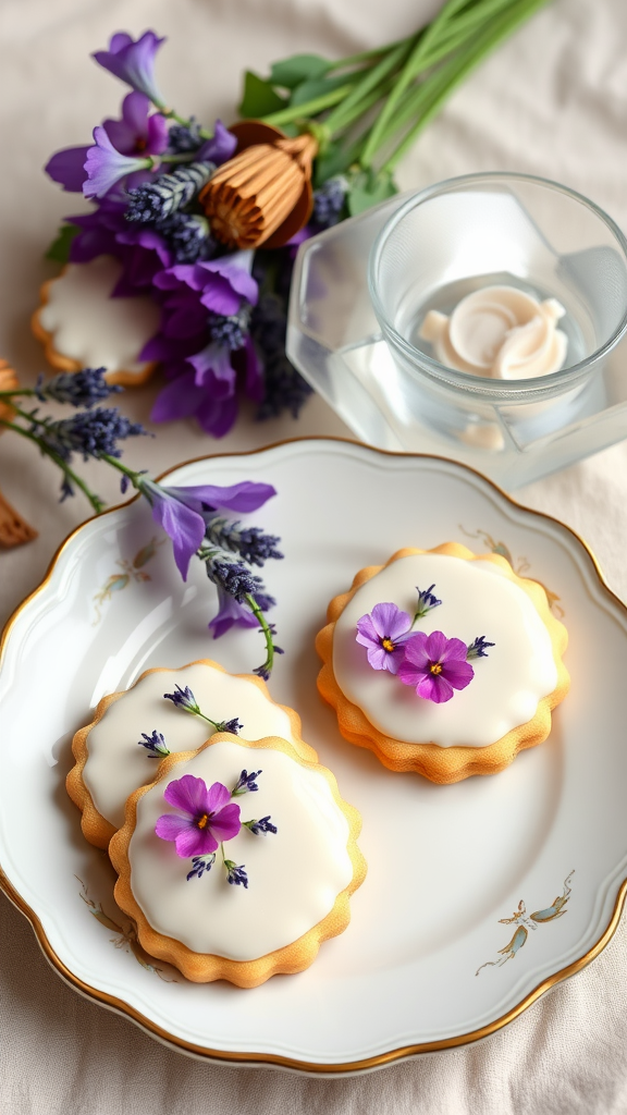 Honey lavender cookies on a decorative plate with flowers