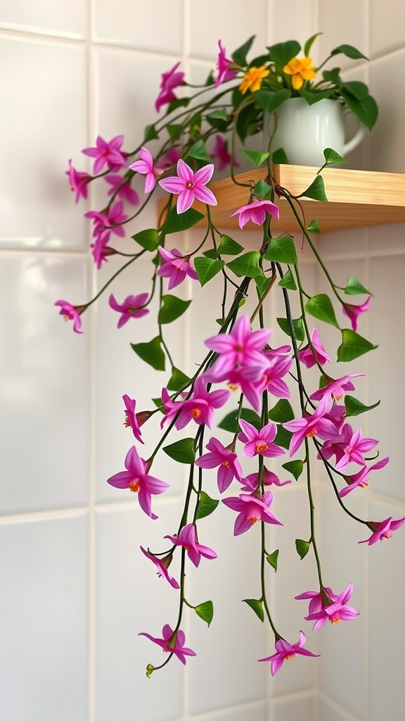 A Hoya plant with pink flowers, cascading from a wooden shelf, set against tiled bathroom walls.