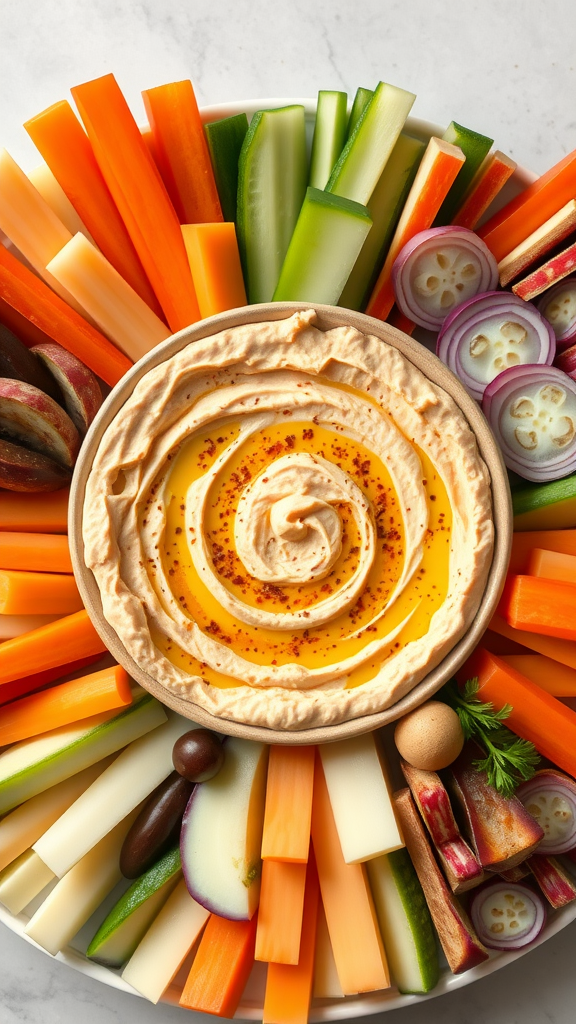 A colorful hummus and veggie platter with various fresh vegetables and pita bread arranged around a bowl of hummus.