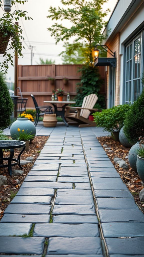 A slate pathway lined with greenery and outdoor furniture, showcasing an inviting outdoor space.