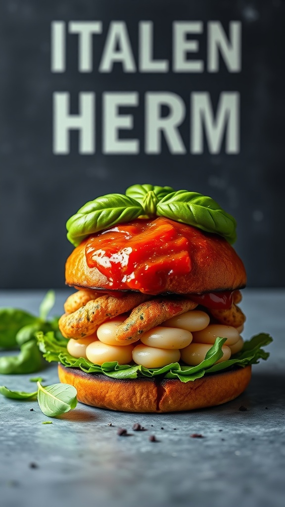 Delicious Italian Herb and White Bean Burger with greens and sauce