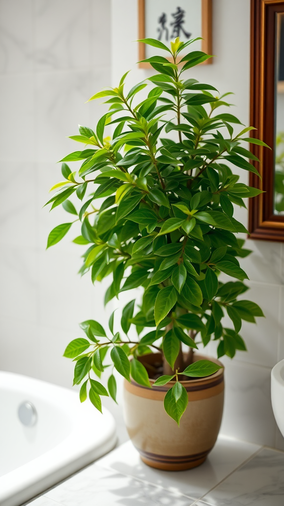 A jade plant in a bathroom, showcasing its vibrant green leaves next to a bathtub.