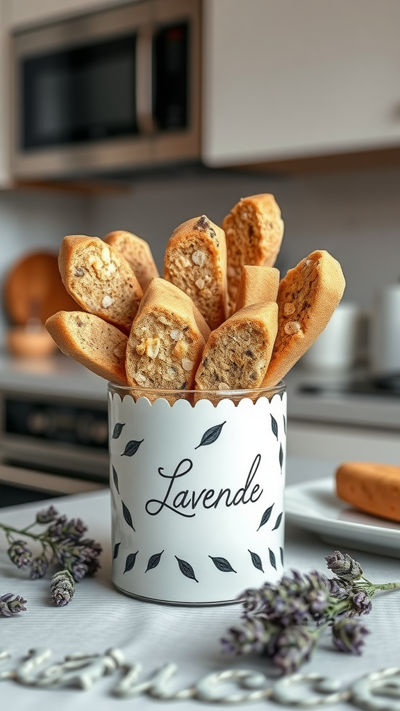 Lavender biscotti sticks in a decorative container with lavender flowers