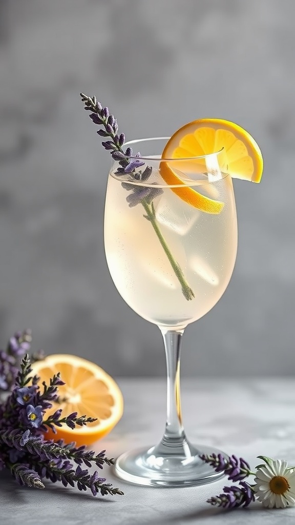 A refreshing Lavender Lemon Sparkler drink with lemon slices and lavender sprigs