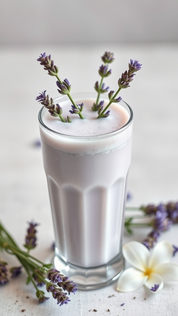 A refreshing Lavender Vanilla Bean Shake topped with whipped cream and lavender sprigs