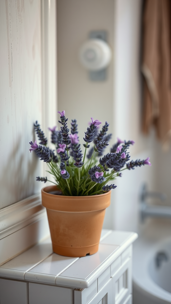 A lavender plant in a terracotta pot sitting on a white tiled surface in a bathroom.