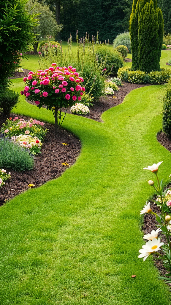 A lush green grass pathway winding through a beautifully landscaped garden with flowers and plants.