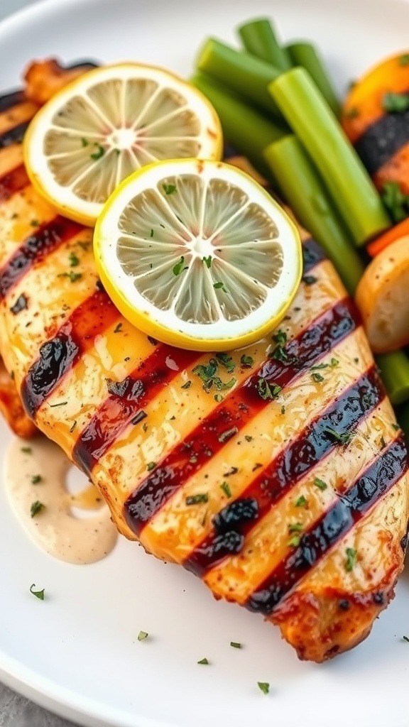 Lemon Herb Grilled Chicken with lemon slices and green vegetables