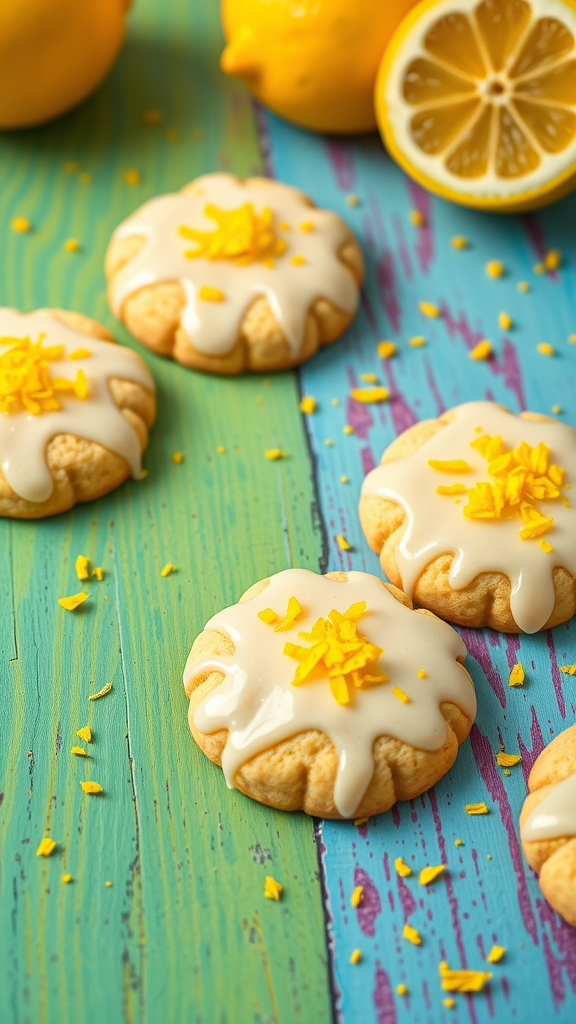 Lemon sugar cookies with glaze and lemon zest on a colorful table