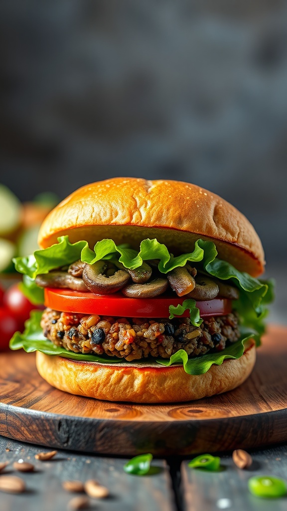 A delicious lentil and mushroom burger with fresh toppings.