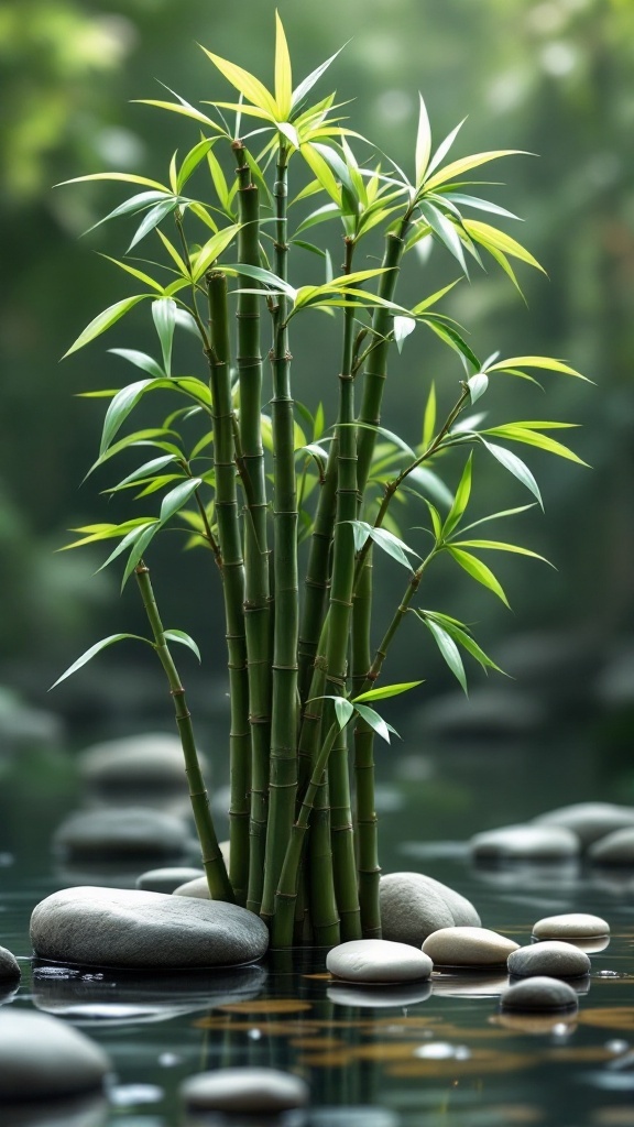 Lucky bamboo plant growing in water surrounded by smooth stones