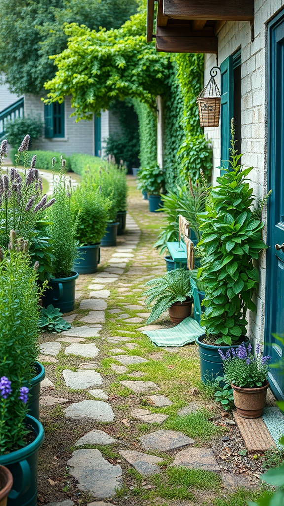 A stone pathway lined with various potted herbs and plants, leading to a charming garden space.