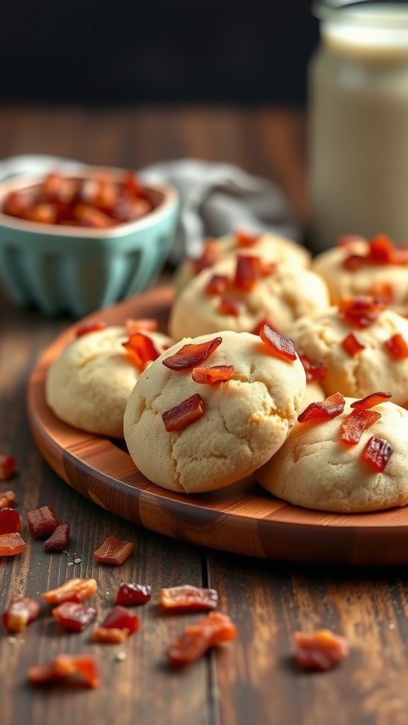 Delicious maple bacon cookies on a wooden plate.