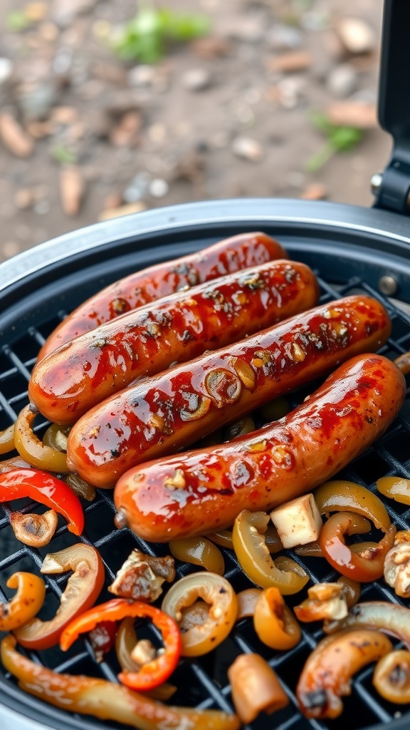 Delicious grilled sausages glazed with maple mustard sauce, served with colorful grilled vegetables.