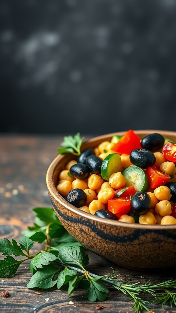 A vibrant Mediterranean Chickpea Salad in a bowl, showcasing various vegetables and chickpeas.