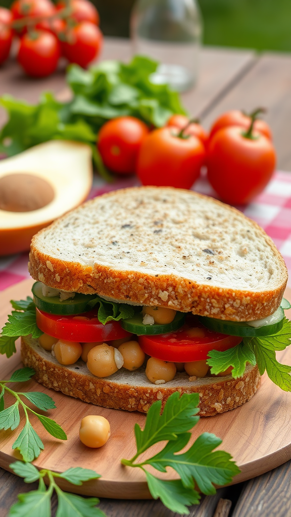 A Mediterranean chickpea salad sandwich with fresh vegetables on whole grain bread, surrounded by tomatoes and greens.