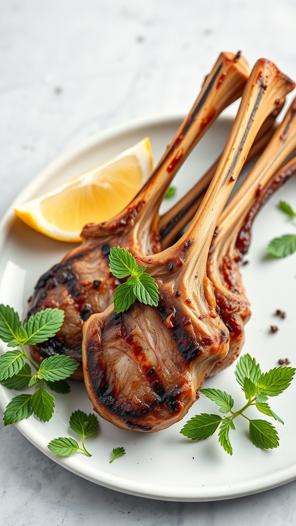 Grilled lamb chops with a garnish of mint and lemon.