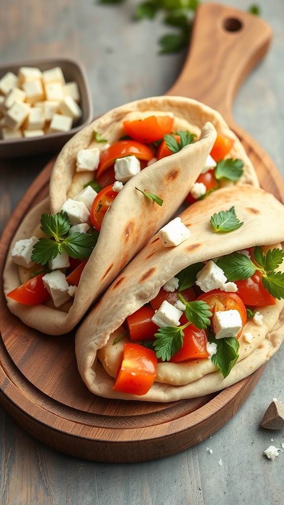 Mediterranean Pita Pockets filled with tomatoes, cucumber, feta cheese, and herbs